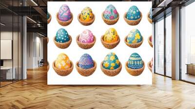 Colorful decorative eggs displayed in woven baskets, perfect for Easter celebrations and spring festivities. Wall mural