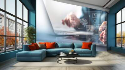 AI Artificial Intelligence. Business woman using AI technology for data analysis, coding computer language with digital brain, machine learning on virtual screen, business intelligence Wall mural