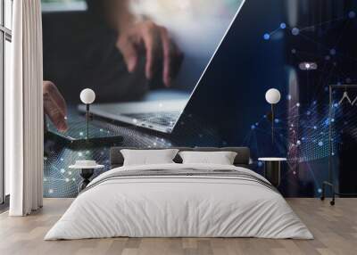 Big data, digital technology, internet network connection, futristic technology background. Man using mibile phobe and laptop and smart city Wall mural