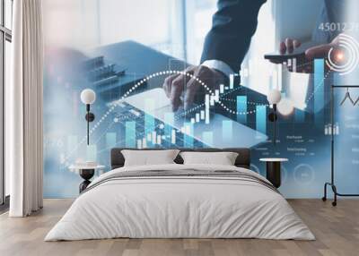 Business data and stock market analysis, currency exchange. Businessman analyzing financial graph, forex chart, economic growth, business finance and investment background Wall mural