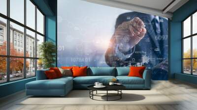 Business strategy, plan and targeting, finance and investment concept. Double exposure of businessman using digital tablet and the city with target and goals, technology icons Wall mural