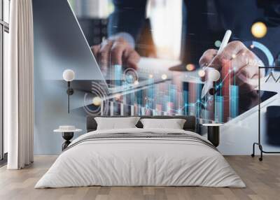 Businessman analyzing financial data, economic growth graph chart on digital tablet. Business planning and strategy. Analysing trading of exchange, financial report. Finance and investment Wall mural