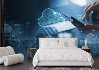 Businessman touching cloud computing network. Cloud technology, data transfer and online data storage for business network, data backup of business intelligence on internet storage network. Wall mural