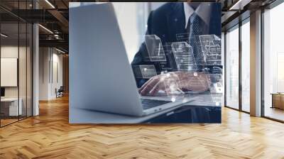 businessman working with business analytics and data management system on computer connecting to dat Wall mural