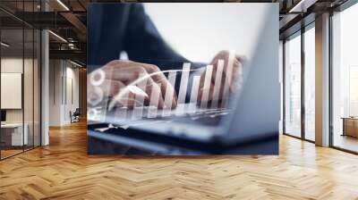 Businessman working with digital tablet computer virtual dashboard analyzing finance sales data and economic growth graph chart and account report technology Wall mural