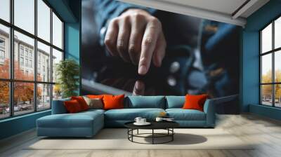 Close up of woman hand holding digital tablet pc and finger touching or pointing on touch screen with reflection, business and technology concept Wall mural