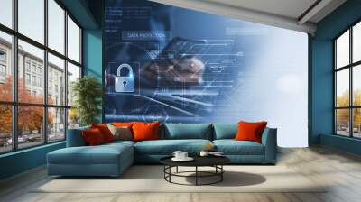 Cyber security system, data protection, digital technology. Computer programmer using modern computer with digital padlock and cyber security network, data encryption Wall mural