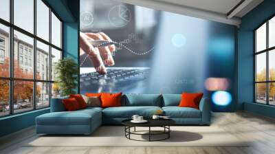 data scientist, programmer using laptop analyzing financial data on futuristic virtual interface. al Wall mural