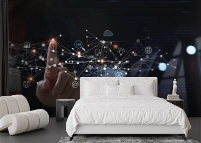 Digital marketing, global business, IoT Internet of Things, E-commerce and online shopping concept. Woman using mobile phone with online marketing, Pay Per Click (PPC), internet networking Wall mural