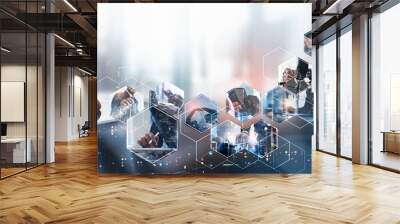 Digital technology, global business network connection, data analysis, social media marketing, digital software development, teamwork and business strategy, internet technology Wall mural