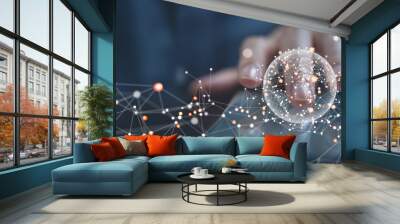 Digital technology, internet global network connection, data exchange concept. person touching on mobile phone with global network, internet connection on vitual screen Wall mural