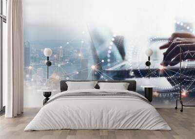 Digital technology, internet network connection, big data, digital marketing IoT internet of things. Business man using modern computer surfing internet, innovative technology background Wall mural