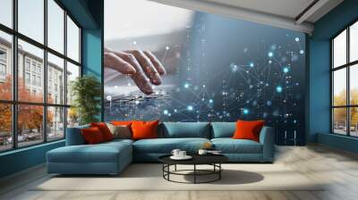 Digital technology, internet network connection, big data, digital marketing IoT internet of things. Man using modern computer surfing internet futuristic innovative technology background Wall mural