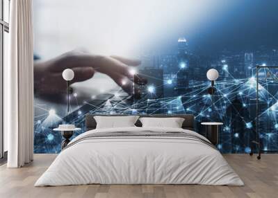 Digital technology, internet network connection, digital marketing IoT internet of things. Man using computer with internet global network connecting and smart city, innovative technology background Wall mural