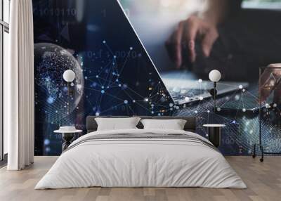 Digital technology, internet network connection, futuristic innovation technology. Man using laptop and mobile phone with internet network technology Wall mural