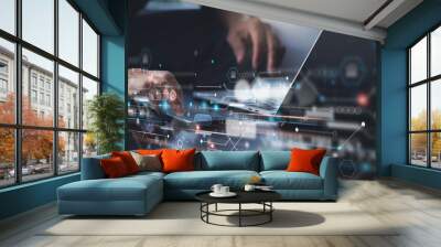 Digital technology, software development, Data exchange, Internet of Things concept. Man using mobile phone and laptop with circuit board on virtual screen Wall mural