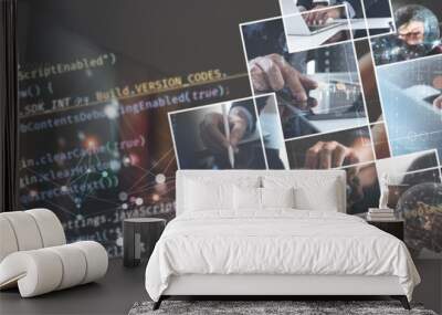 Digital technology, software development concept. Coding programmer, software engineer team coding javascript, agile development on virtual screen and global internet network technology, IT support Wall mural