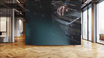 Digital technology, software development concept. Coding programmer, software engineer working on laptop with circuit board and javascript on virtual screen, internet of things IoT Wall mural