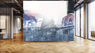 Double exposure of two businessman connecting internet and smart city with technology icons, network connection, panoramic Wall mural