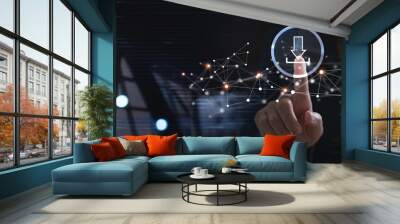 Downloading data storage concept. Woman using mobile smart phone, touching on download button and internet network connection on virtual screen., digital technology Wall mural