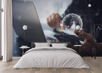 global internet network connection technology, iot, internet of things concept. business man using m Wall mural