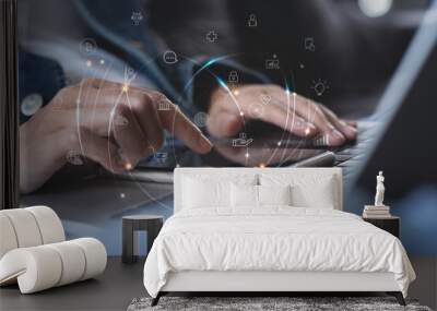 IoT, Internet of Things, online shopping, digital marketing, E-commerce, business and technology concept. Woman using mobile phone and laptop computer fro online shopping and banking Wall mural