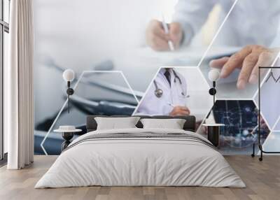 Medical technology, Healthcare and medicine concept. Doctor and professional health team working in modern hospital, medical research and development. Online health and telemedicine Wall mural