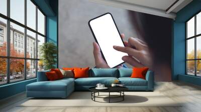 Mockup, woman's hands holding mobile phone with finger touching on blank screen. Woman using smartphone, looking at the screen, overhead shot Wall mural