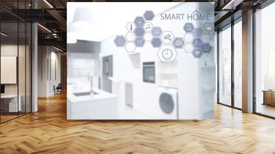 Smart home technology, IoT Internet of Things interface on smartphone app screen  connected objects in the modern apartment interior Wall mural