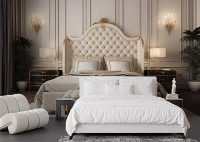 Interior design of cream colored modern bedroom with bed, headboard, chaise, and drawers. Gold elements, luxury, Hollywood. Created with generative AI. Wall mural