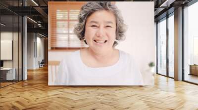 Asian elderly woman feeling happy smiling and looking to camera while relax on the sofa in living room at home. Lifestyle senior women at home concept. Wall mural