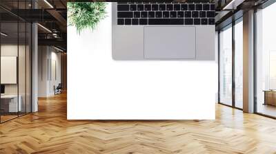 Creative flat lay photo of workspace desk. Top view office desk with laptop and plant on white color background. Top view with copy space, flat lay photography. Wall mural