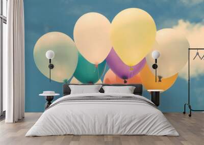 Lots of colorful balloons on the blue sky, concept of love in summer and valentine, wedding honeymoon. Vintage effect style pictures. Wall mural