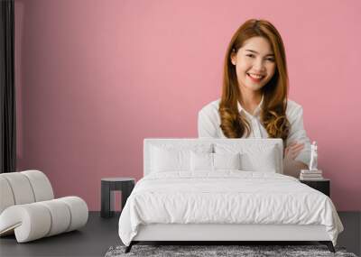 portrait of young asia lady with positive expression, arms crossed, smile broadly, dressed in casual Wall mural