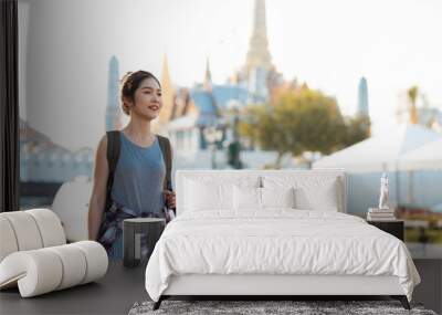 traveler asian woman traveling and walking in bangkok, thailand, backpacker female feeling happy spe Wall mural