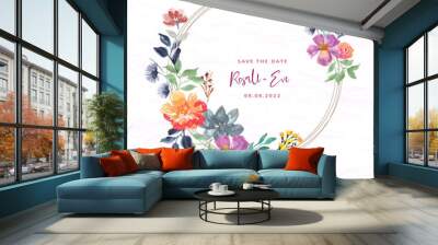 colorful floral wreath watercolor with circle frame Wall mural