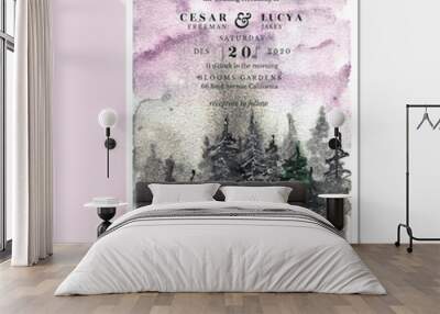 Wedding invitation with bautiful misty forest landscape watercolor Wall mural