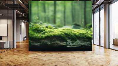 A stone covered with green moss in the forest. Wildlife landscape. Beautiful Bright Green moss grown up cover the rough stones and on the floor in the forest. Product display mockup. Wall mural