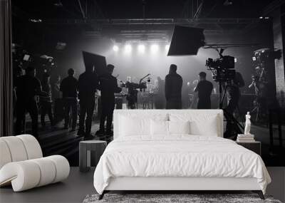 Behind the scene of film production in the studio. Movie making scene in black and white. Wall mural