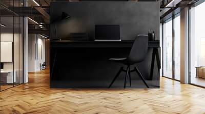 Black tone on black work station with black computer, black floor. black wall, and background. Wall mural