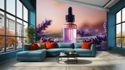 Bottle dropper mockup. A glass bottle with aromatic oil or serum with flowers near. Skin care essential oil bottle with dropper product mockup. Wall mural