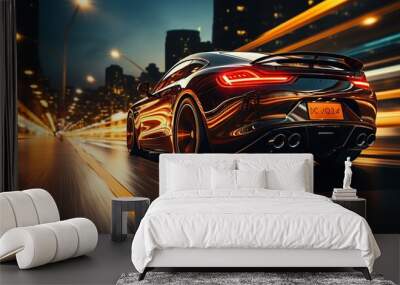 High speed luxury car on highway. Speeding luxury car on highway. View from backside. Wall mural