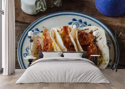 Crispy glazed bacon and fried eggs breakfast tacos Wall mural