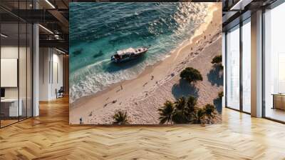 an aerial view of a beach with a boat in the water Wall mural