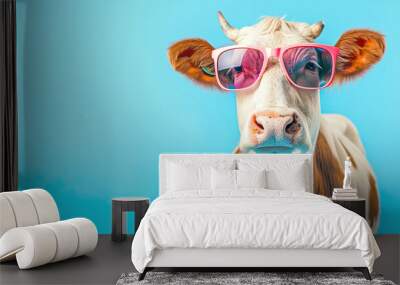 funny cow wearing sunglasses picture in front of a blue studio background Wall mural