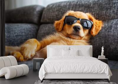 Golden Relaxation: A golden retriever puppy, sporting stylish shades, lounges on a comfortable couch, embodying pure canine contentment.  Wall mural