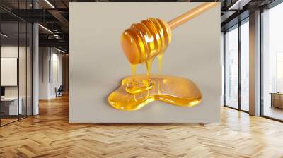 golden honey drips languidly from a wooden dipper, pooling elegantly on a smooth surface. Wall mural