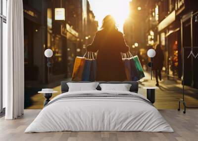 woman joyfully carrying shopping bags walks through sunlit street filled with shops Wall mural