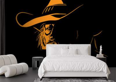 Old Man with cowboy hat and with mustache. Digital Sketch Hand Drawing Vector. Illustration. Wall mural