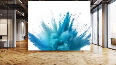 A turquoise and light blue explosion smoke of holi paint color powder isolated on transparent or white background. Wall mural